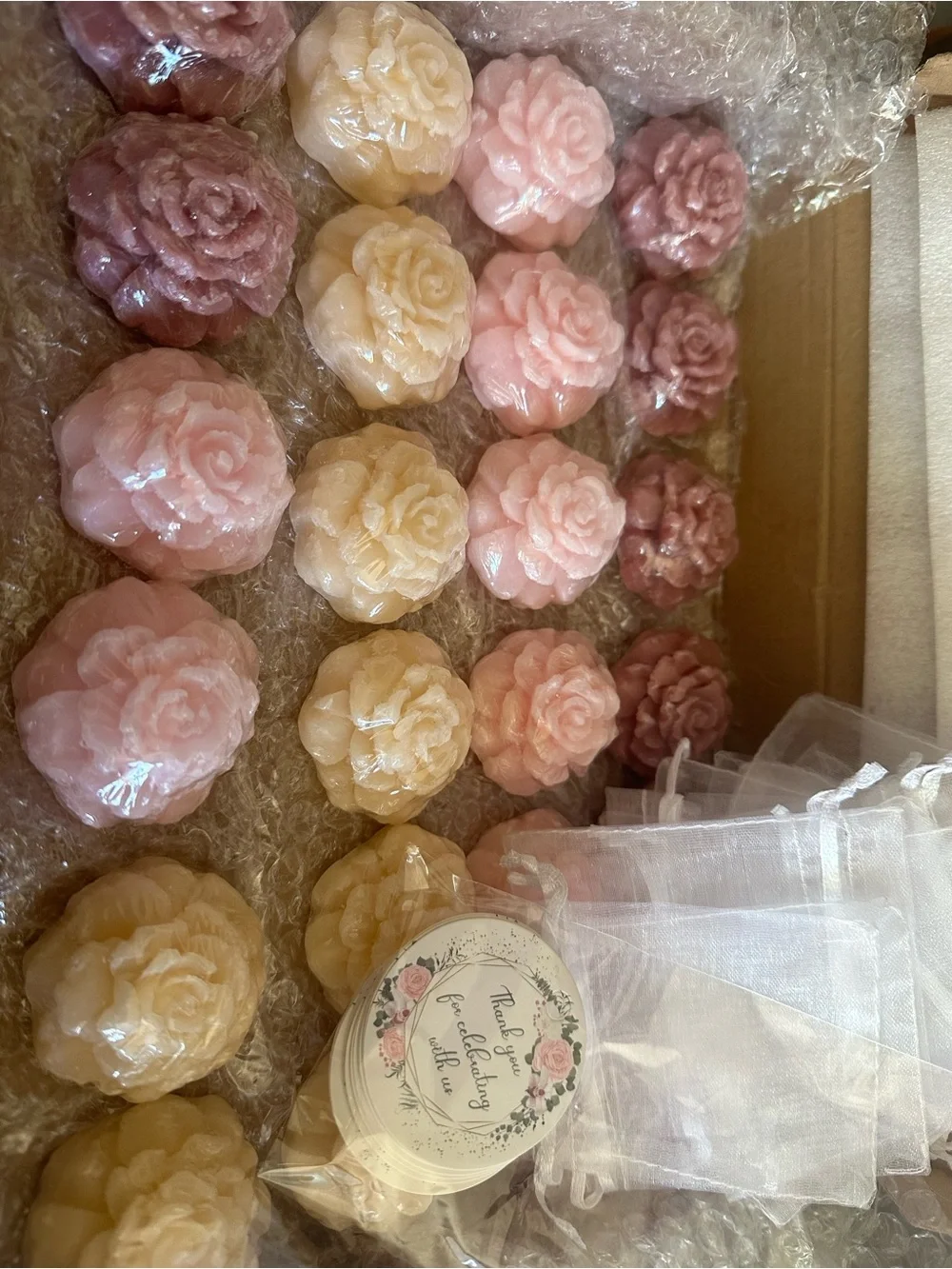 24 Rose scented wedding favor soaps  (white, light pink, and dark pink)